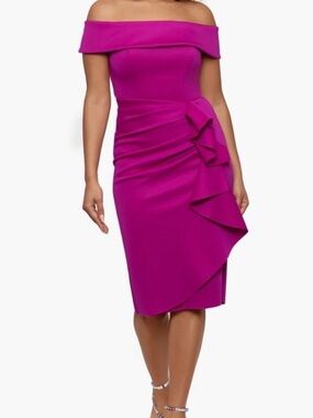 Xscape One-Shoulder Ruffle Sheath Dress in Fuchsia